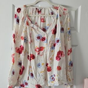 Lucky Brand Cream Peasant Blouse with Pink, Red & Blue Floral Print